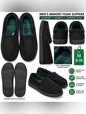WEST LOOP MEMORY FOAM MEN’S SLIPPERS – BLACK SIZE M 9/10 – (NEW WITH TAGS) B9